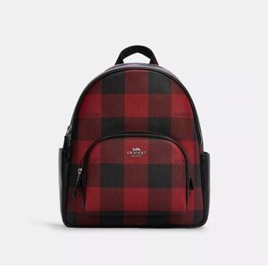 Coach Men's Red and Black Plaid Mini Backpack